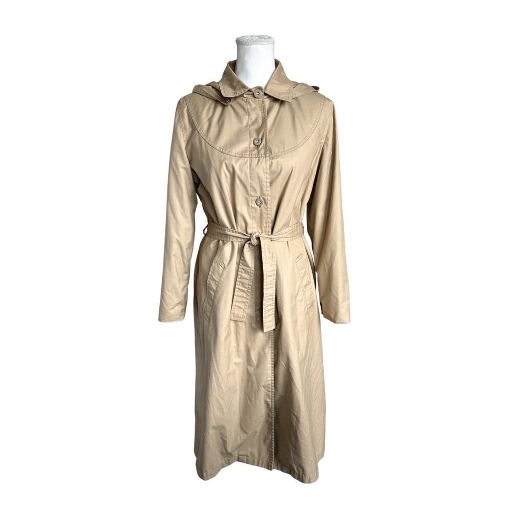 Vintage London Fog Hooded Trench Coat Womens 12 Tan Belted W Removable Liner